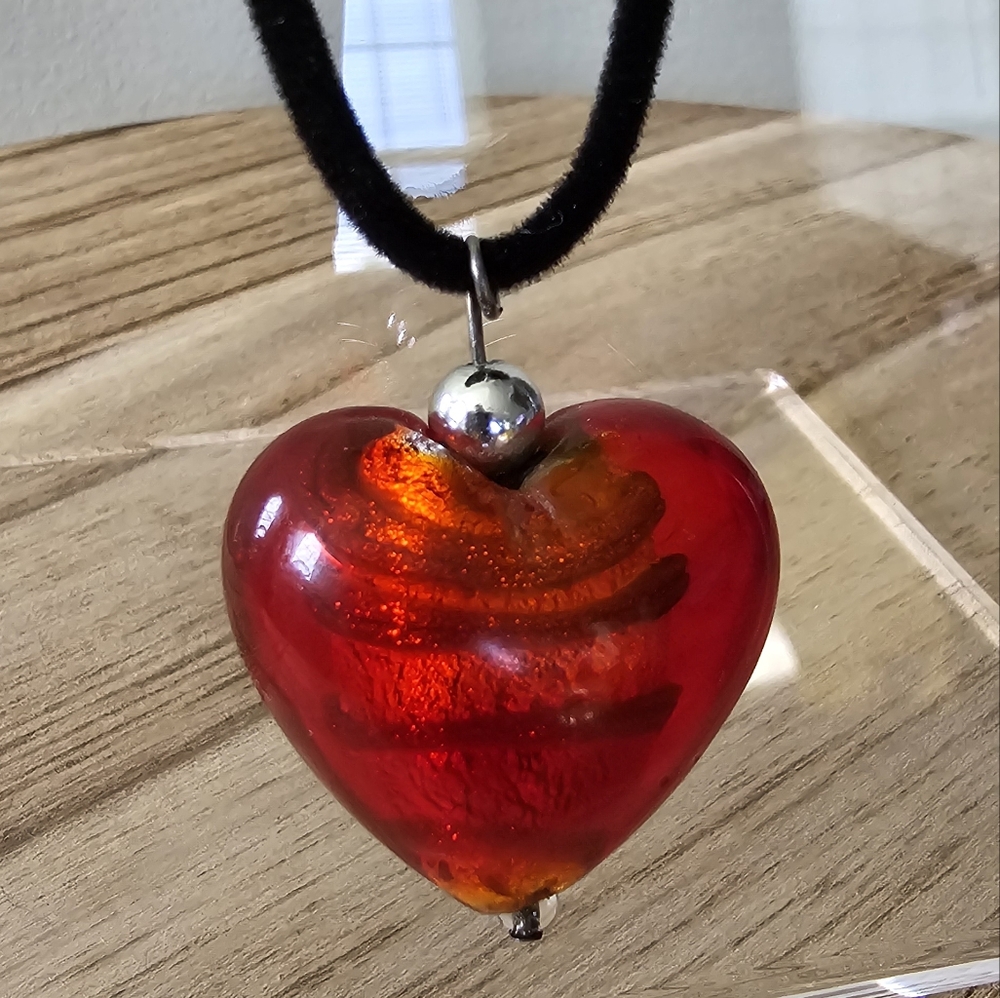 Glass Heart Pendant - Red w/ Black Velvet Rope Chain